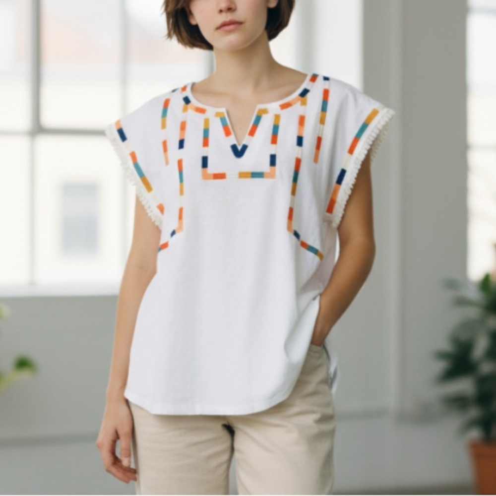 THML Embroidered Fringe Short Sleeve Top size S